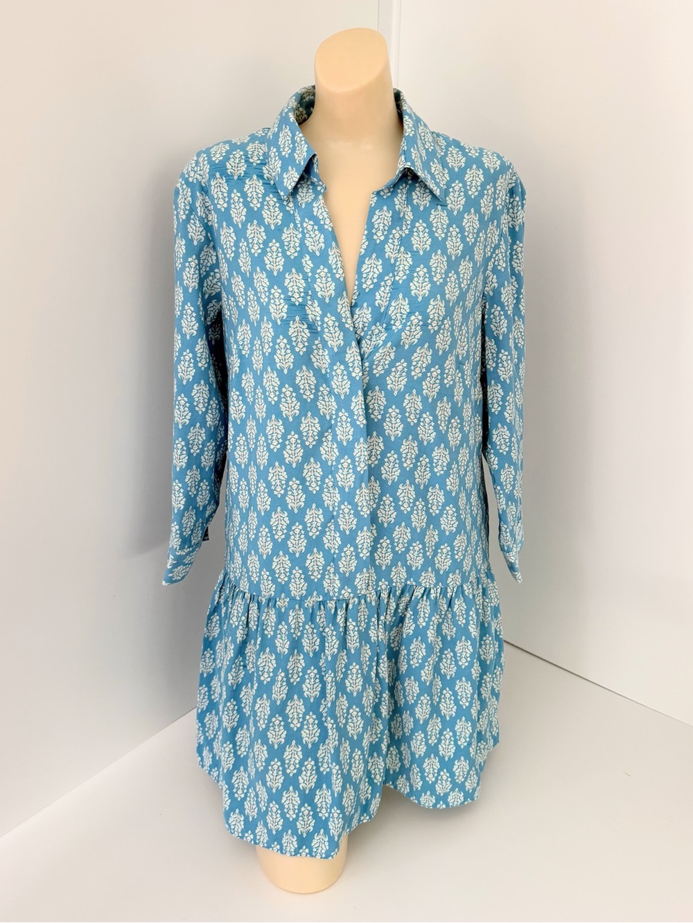 Zara The Carly Blue White Printed Button Up Flounce Mini Shirt Dress Size S